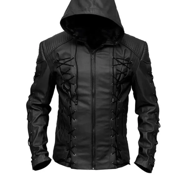 Men Black Hood Lambskin Leather Jacket