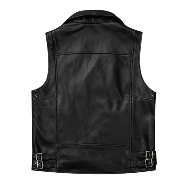 Men Black Biker Zipper Leather Vest - Image 2