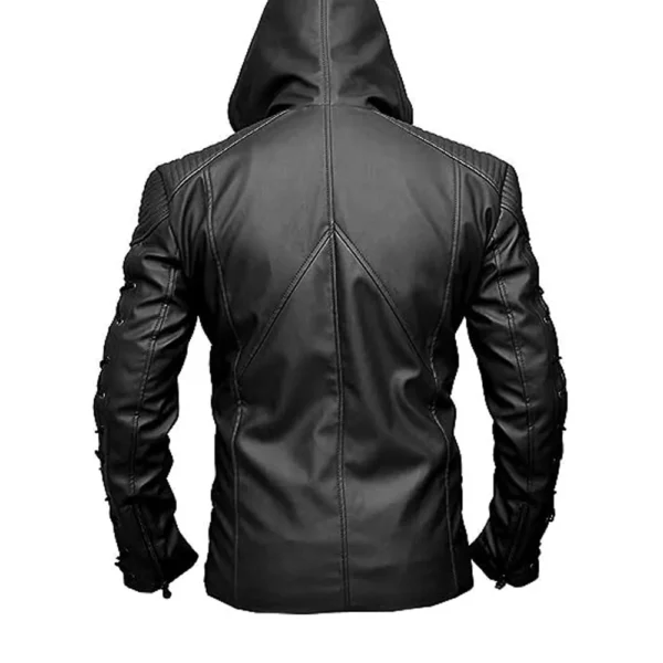 Men Black Hood Lambskin Leather Jacket - Image 2