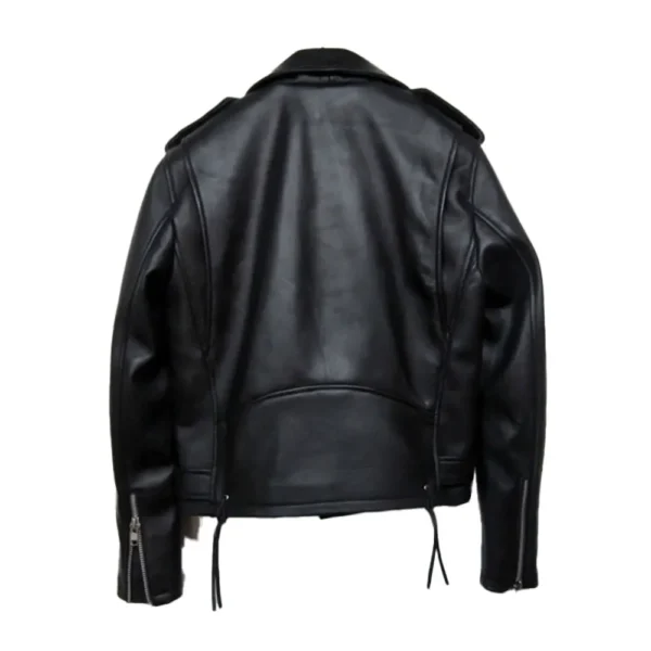 Men Black Belted Motorcycle Leather Jacket - Image 2