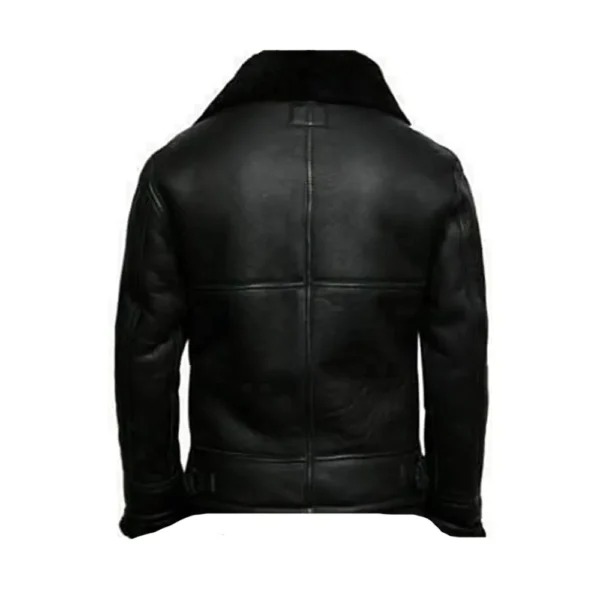 Men Black Aviator Bomber Fur Shearling Sheepskin Leather Jacket - Image 2