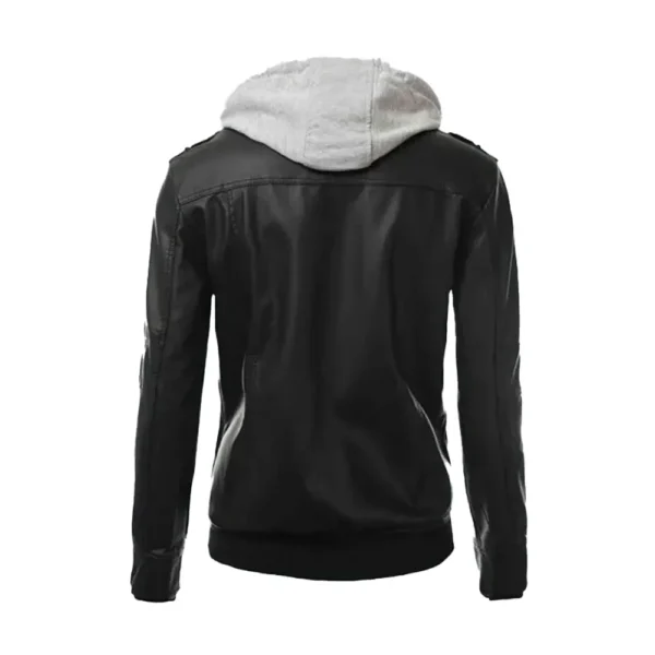 Men Black Biker Hood Leather Jacket - Image 2