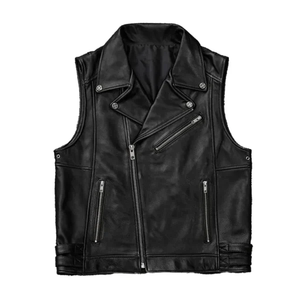 Men Black Biker Zipper Leather Vest