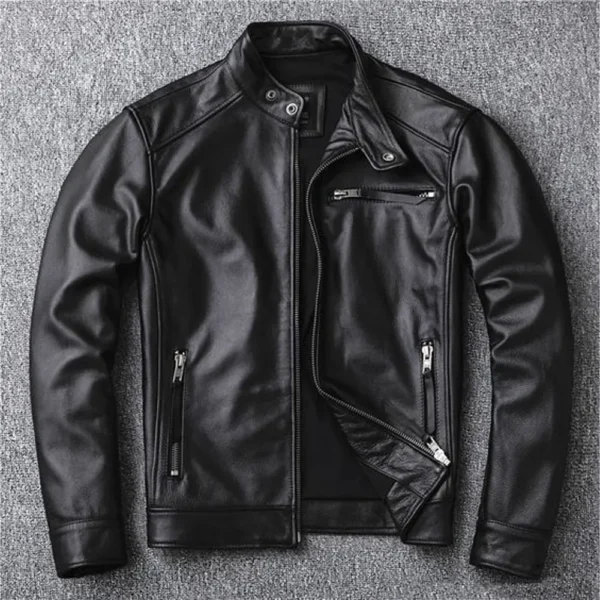 Men Black Cowhide Motorcycle Leather Jacket