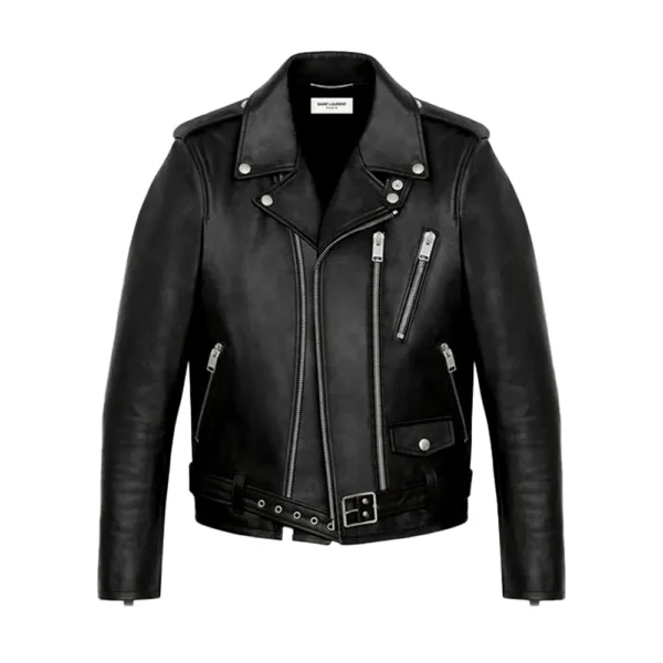 Men Black Belted Motorcycle Leather Jacket