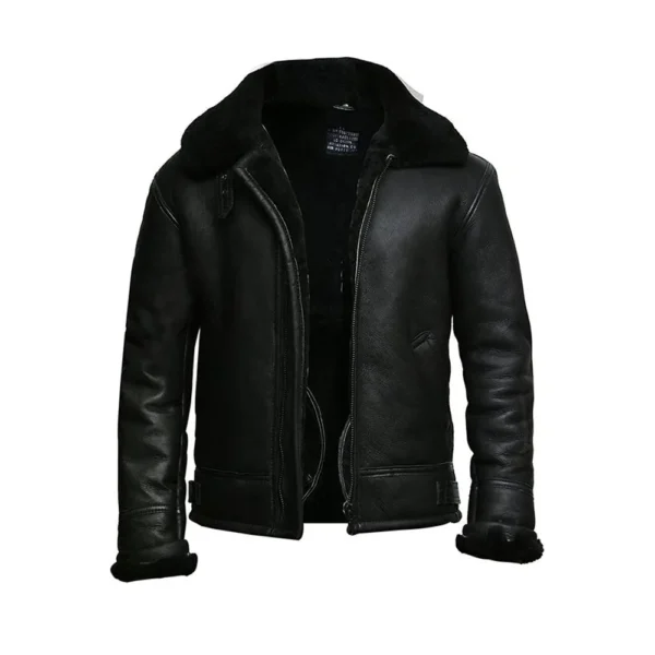 Men Black Aviator Bomber Fur Shearling Sheepskin Leather Jacket