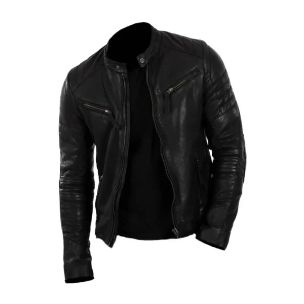 Men Black Biker Cowhide Leather Jacket